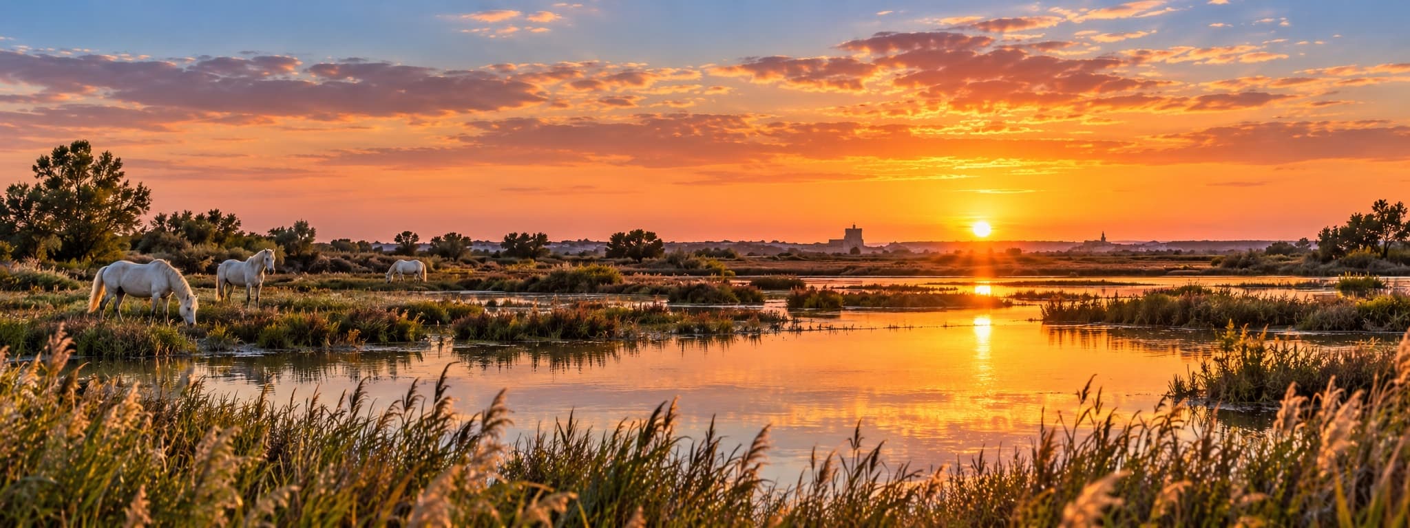 Chevaux de Camargue au coucher du soleil, au bord des marais