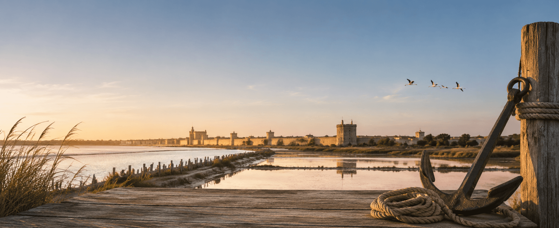 Les remparts d'Aigues-Mortes au coucher du soleil, en Camargue